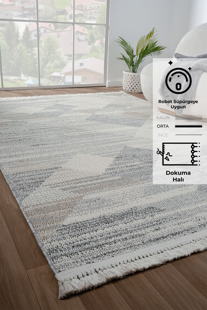 Bastia Halı Krem Gri Desenli 100x200