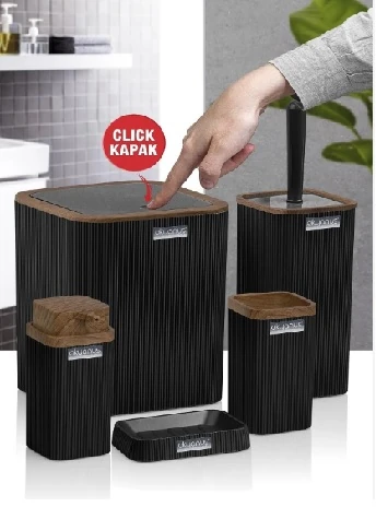 Banyo Seti  Kare Çizgili Stella 5li Ahşap Kahve