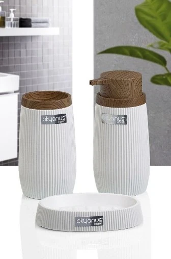 Banyo Seti Çizgili 3lü Ahşap Beyaz
