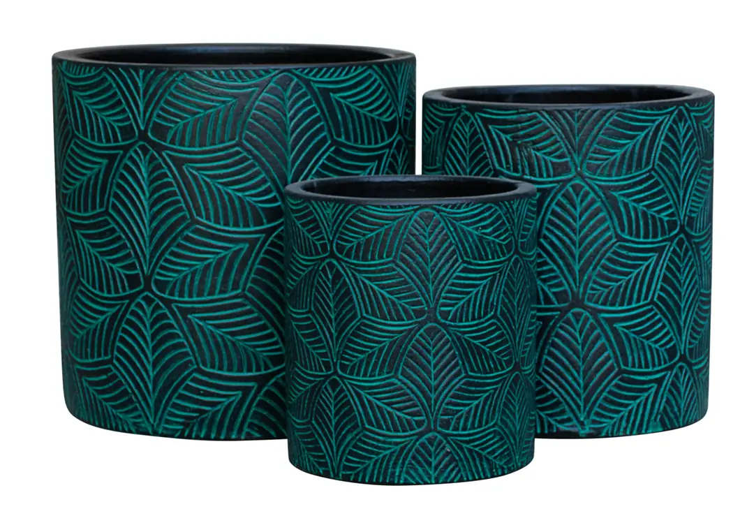 Flower Pot Set of 3 Leaf Patterned Green Ø30-24-19cm