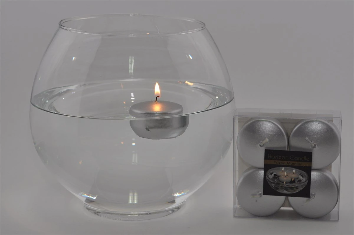 Mum Yüzen Oval  5x3cm 4'lü Varaklı Gümüş