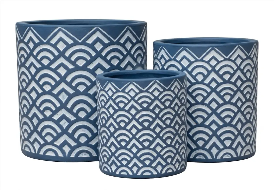Flower Pot Set of 3 Wave Patterned Blue Ø30-24-19cm