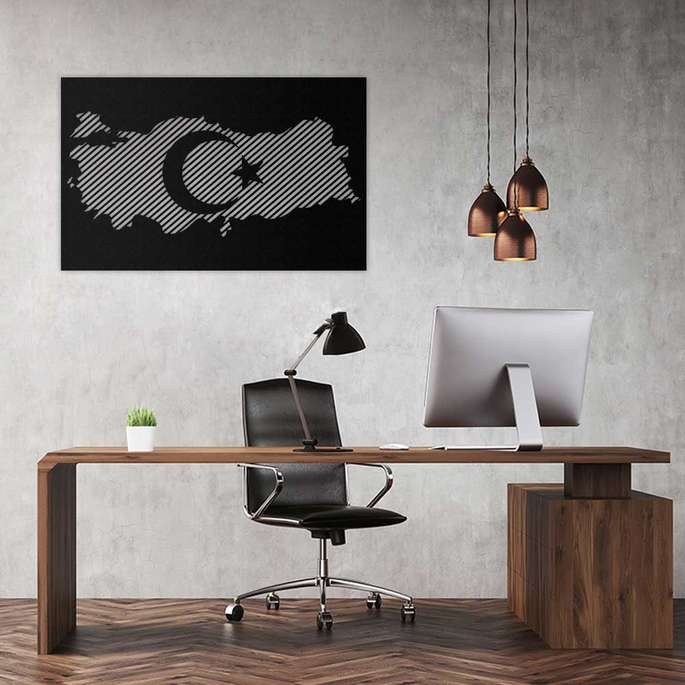 Türkiye Haritası ve Bayrak Metal Tablo Siyah60*100
