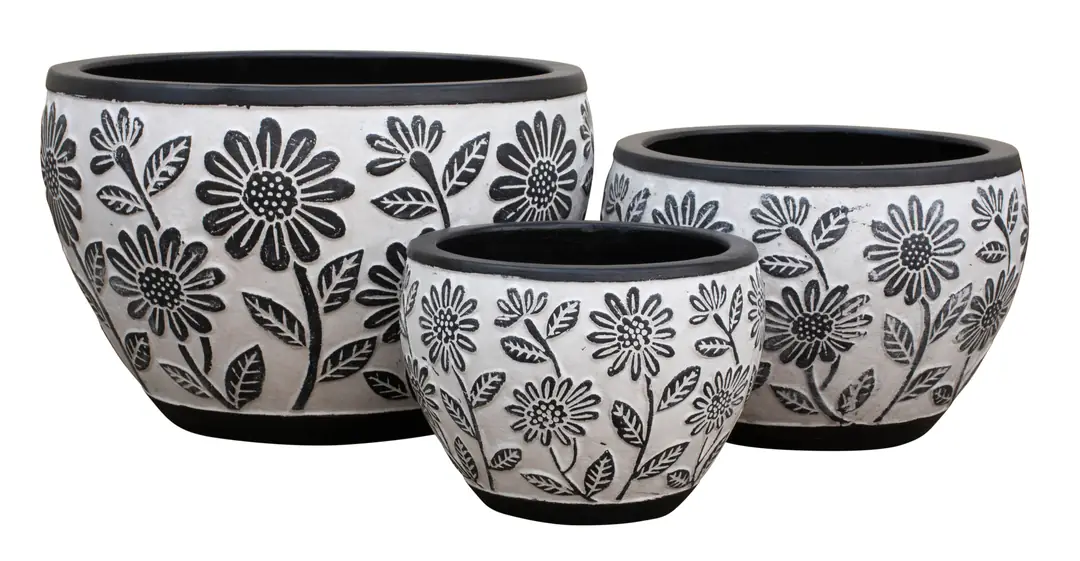 Flower Pot Set of 3 Floral Patterned Black Ø36-27-21cm