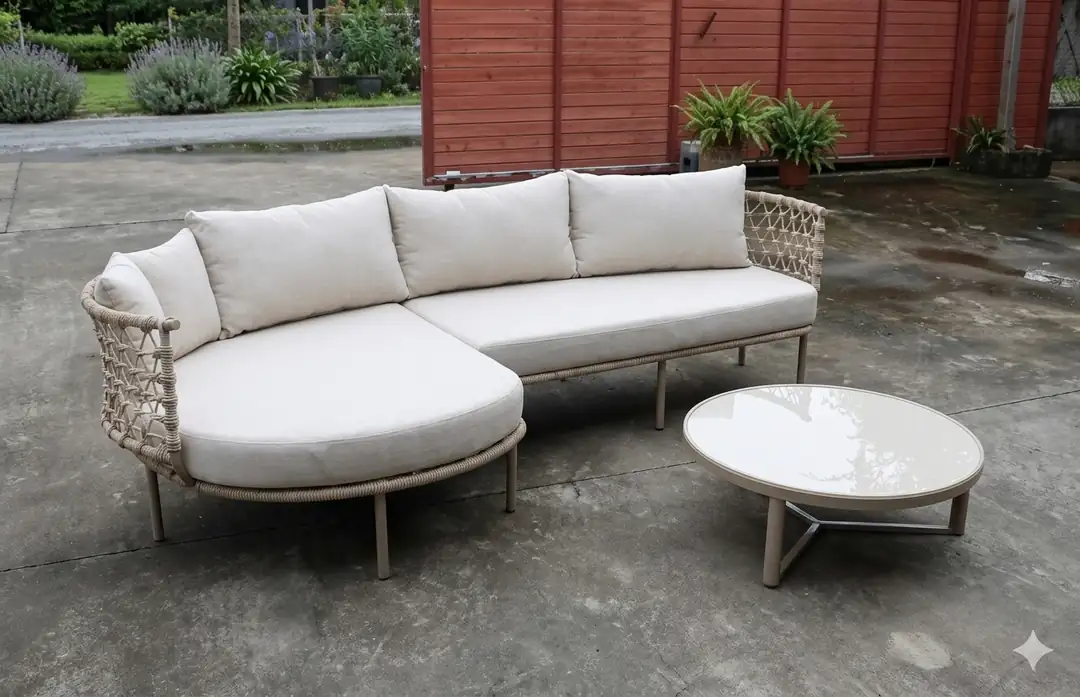 Elisa Seating Set Corner Rope + Coffee Table with Cream Cushions