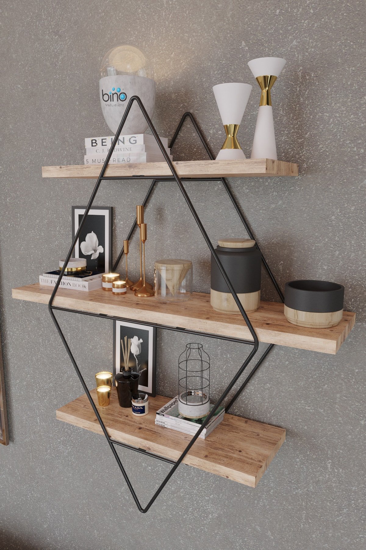 Prizma Raf Salon Tipi Ahşap+ Siyah 70x16x60cm