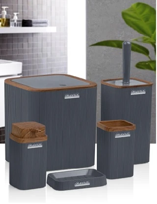 Banyo Seti  Kare Çizgili Stella 5li Ahşap Antrasit