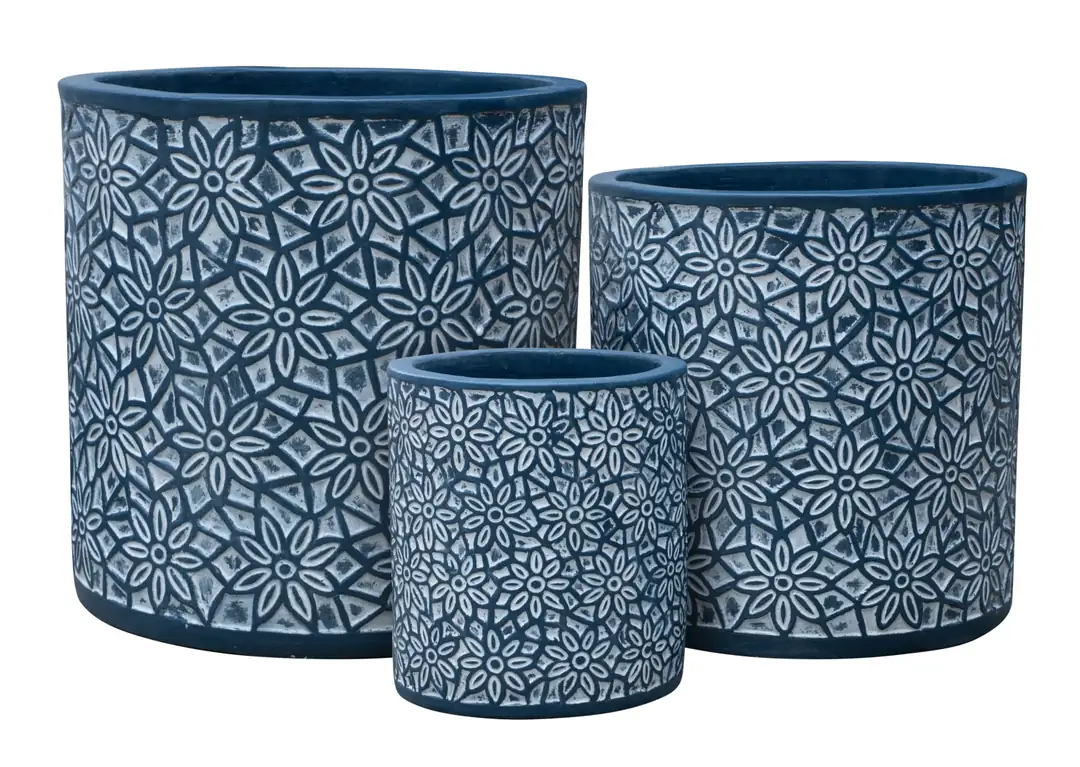 Flower Pot Set of 3 Flower Patterned Blue Ø30-24-19cm