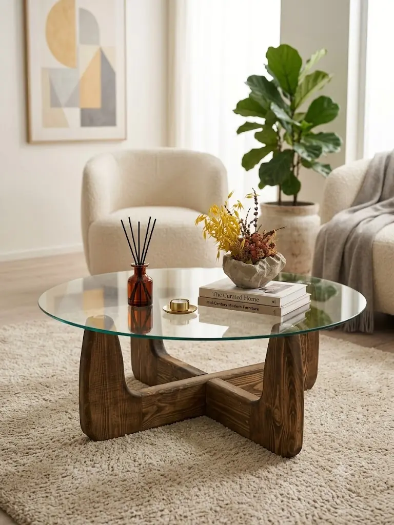 Coffee Table Round Glass Walnut 80x80cm