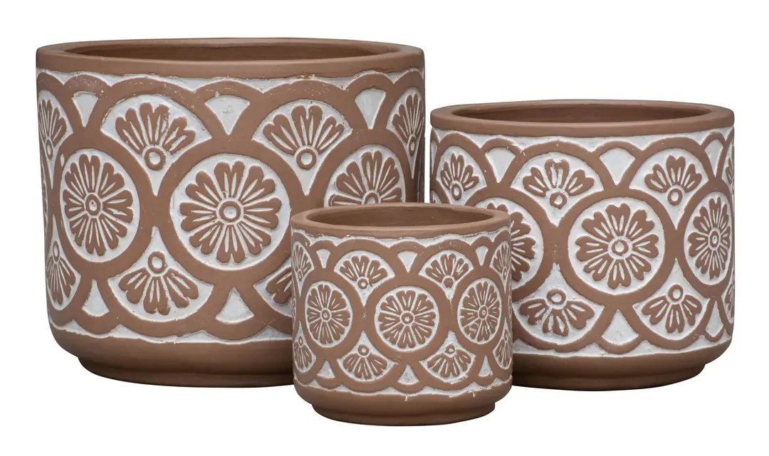 Flower Pot Set of 3 Ethnic Patterned Brown Ø30-23-16cm