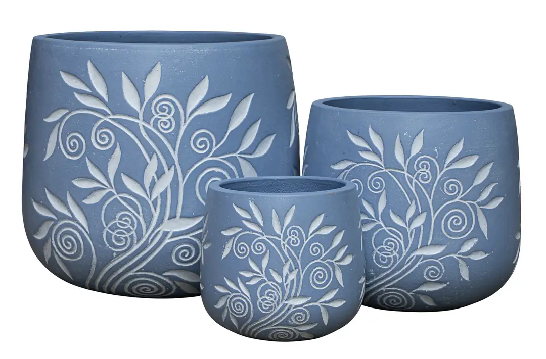 Flower Pot Set of 3 Flower Patterned Blue Ø38-29-20cm