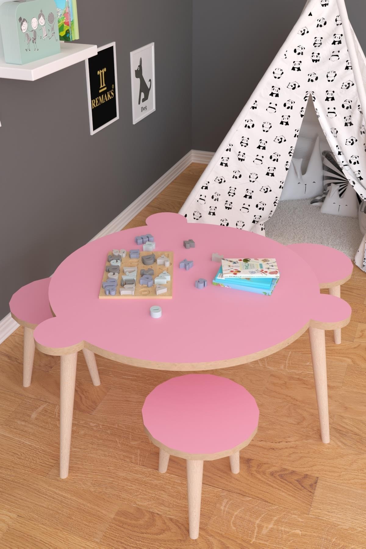 Yuvarlak YazSil Yüzey Çocuk Masa+3 Sandalye Pembe