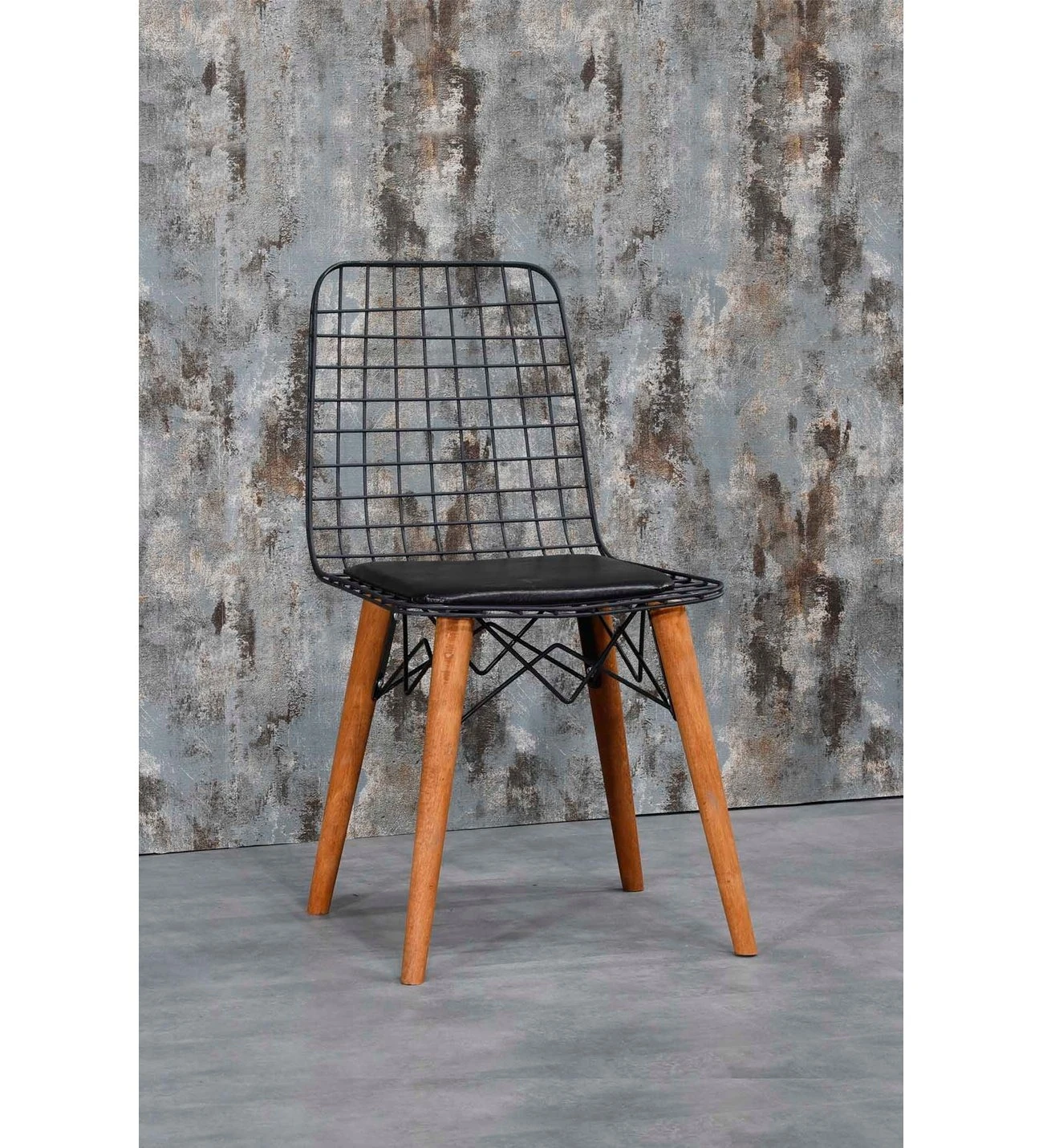 Tel Sandalye Siyah-Siyah Minder Ahşap Ayaklı