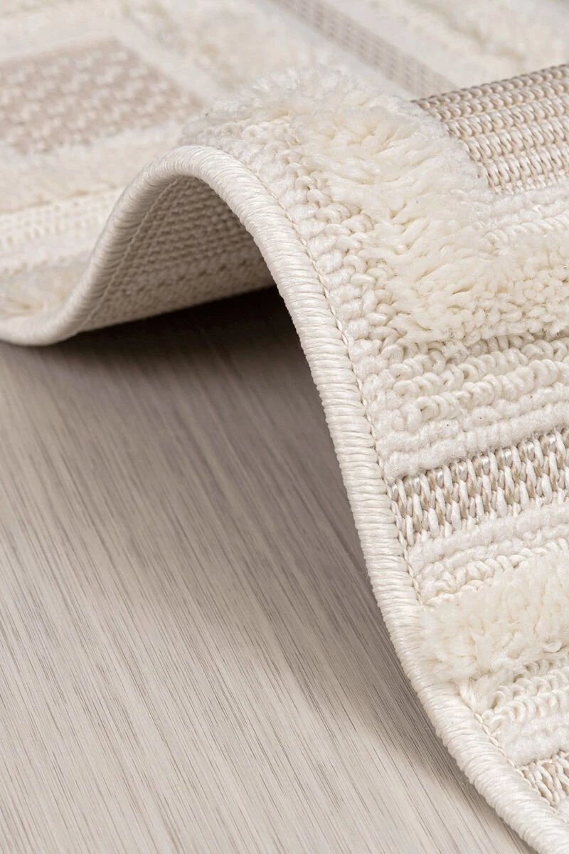 Bukle Halı Kare Desen Krem  160x230