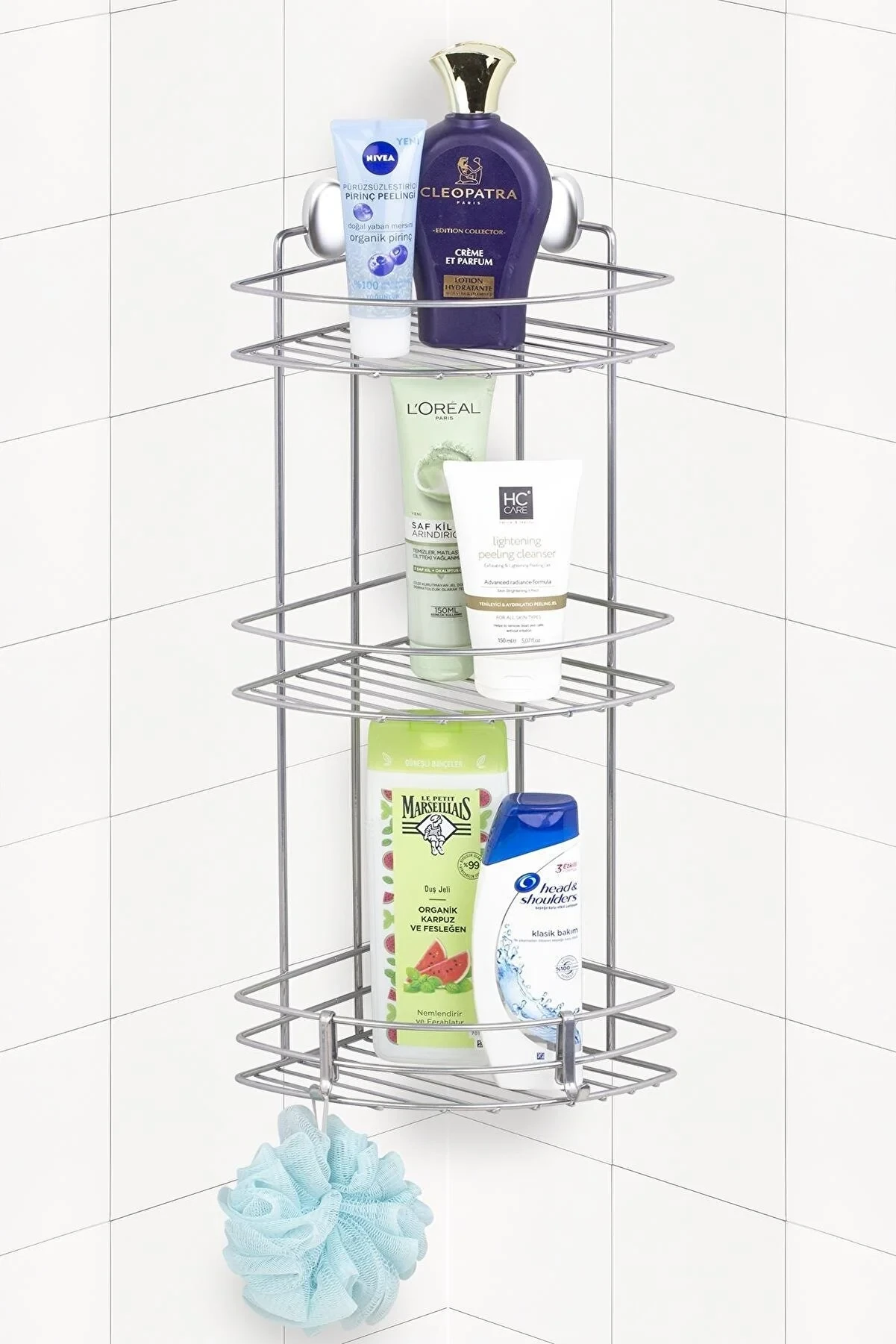 Banyo Köşe Raf Dübelli 3 Katlı  18cm Krom