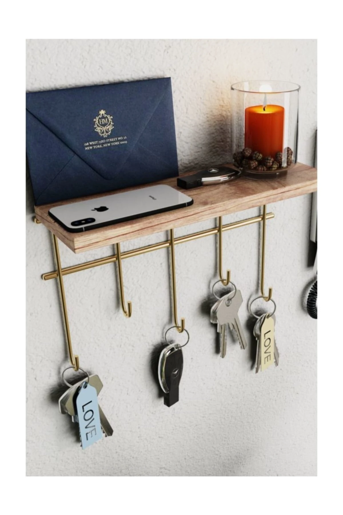 Dekoratif Raflı Askılık/Anahtarlık Altın 20x10x27c