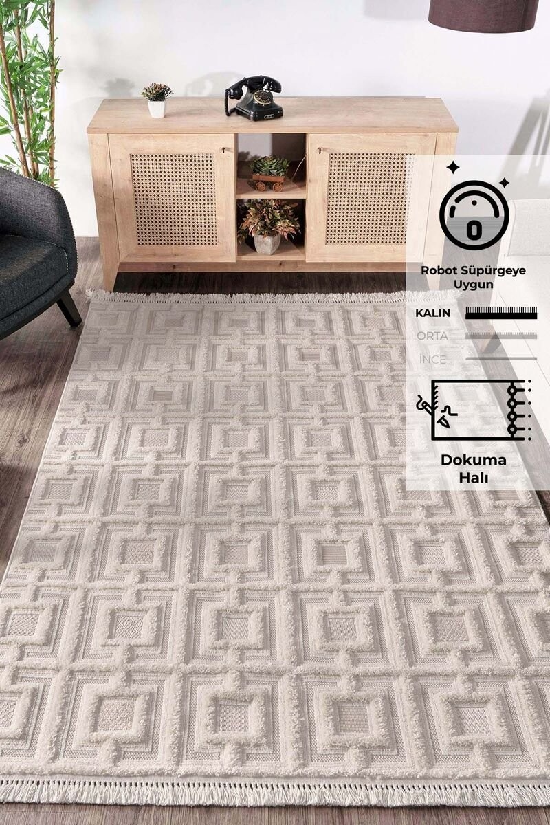 Bukle Halı Kare Desen Krem  160x230