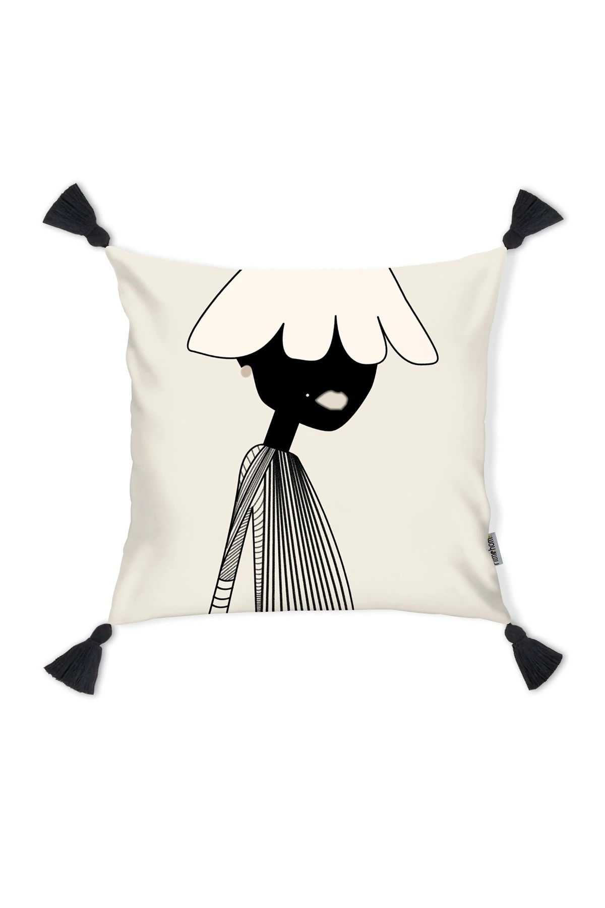 Kırlent Kılıfı Püsküllü Siyah Beyaz Desen 43x43cm