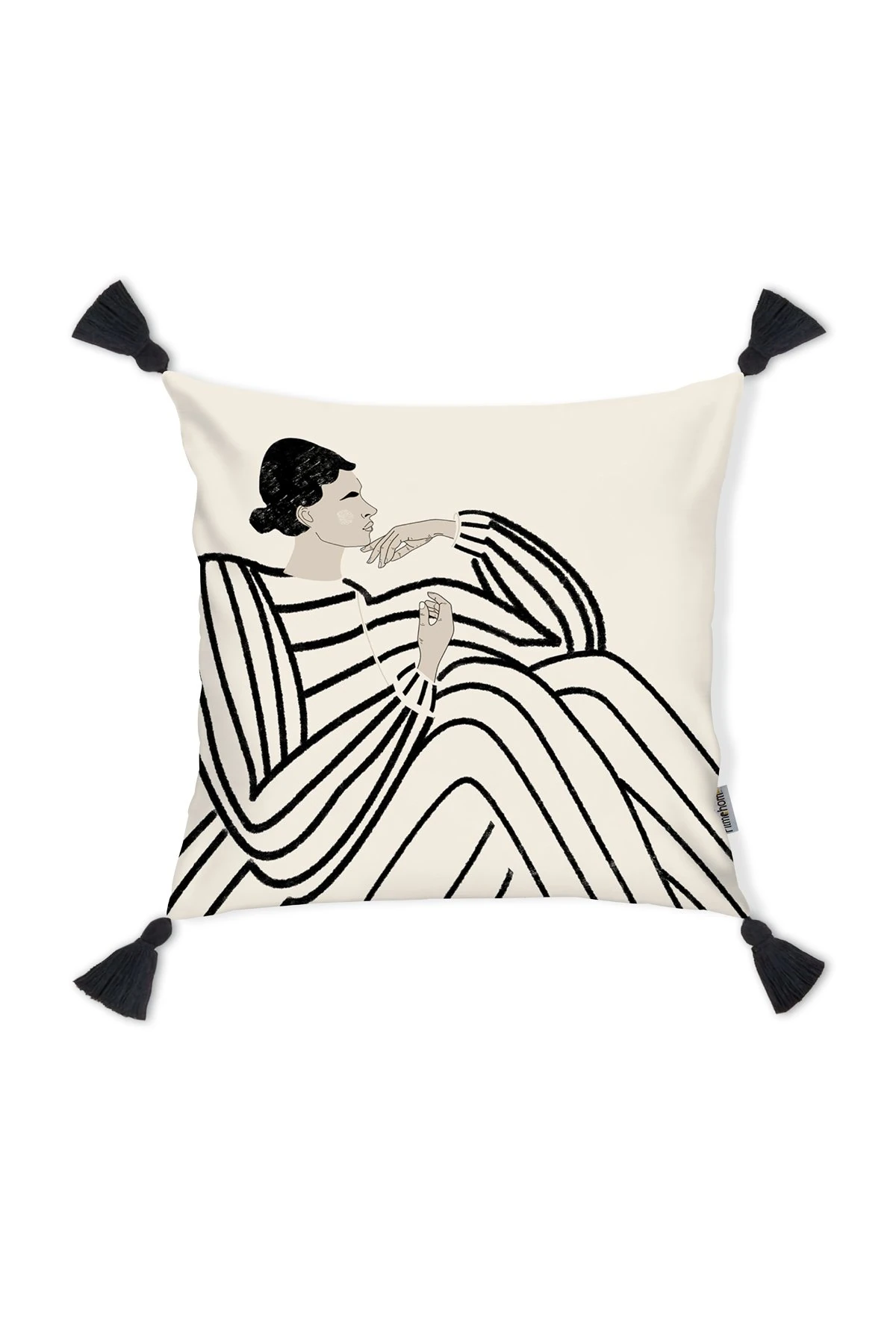 Kırlent Kılıfı Püsküllü Siyah Beyaz Desen 43x43cm