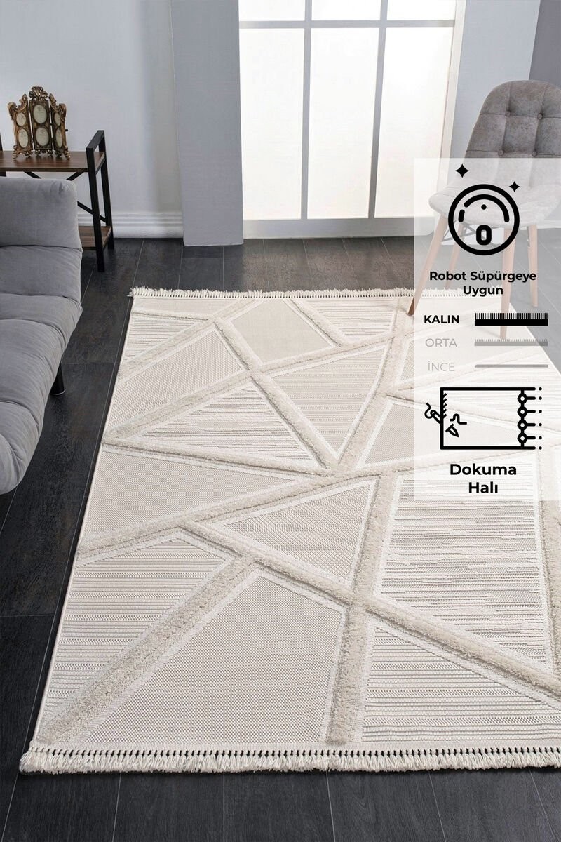 Bukle Halı Çizgi Desen Krem  100x200
