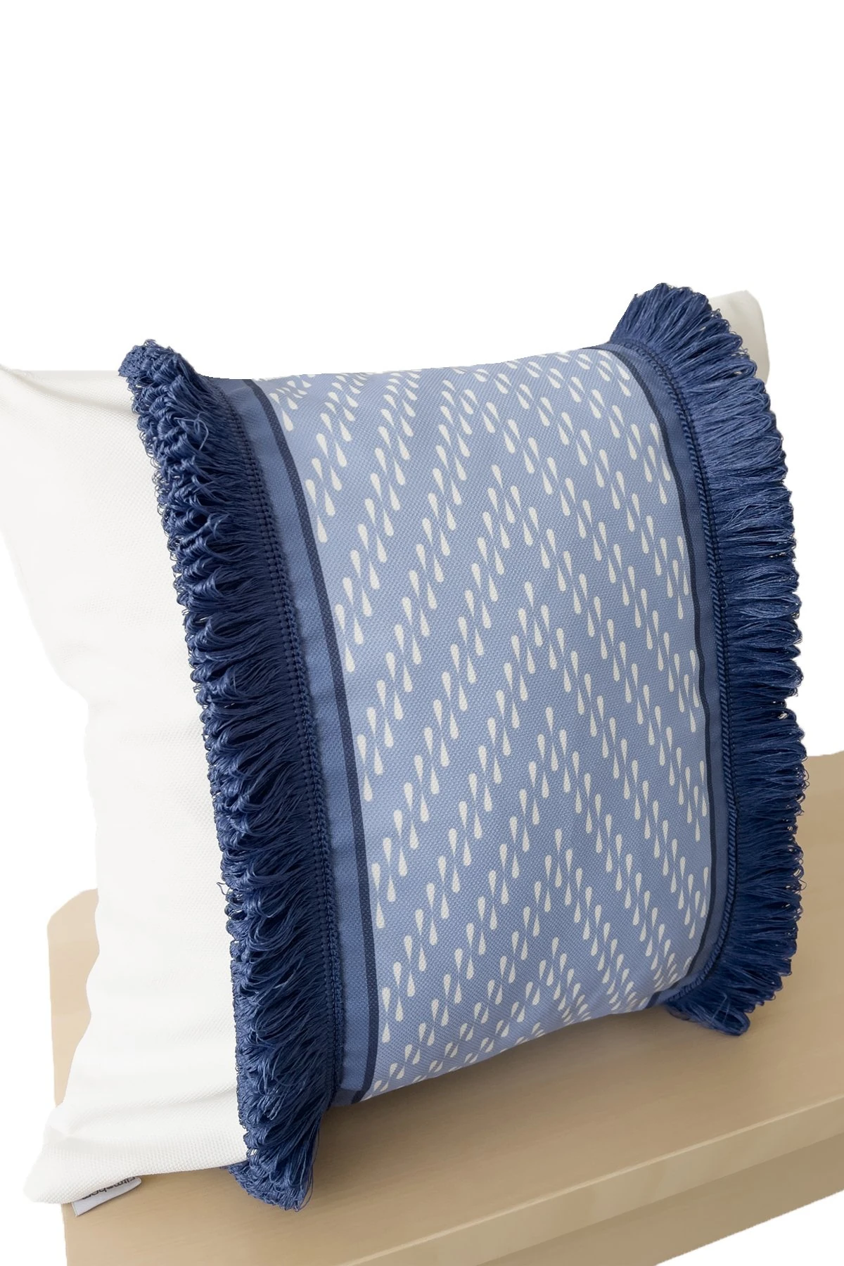 Kırlent Kılıfı Püsküllü Mavi Beyaz Desen 43x43cm