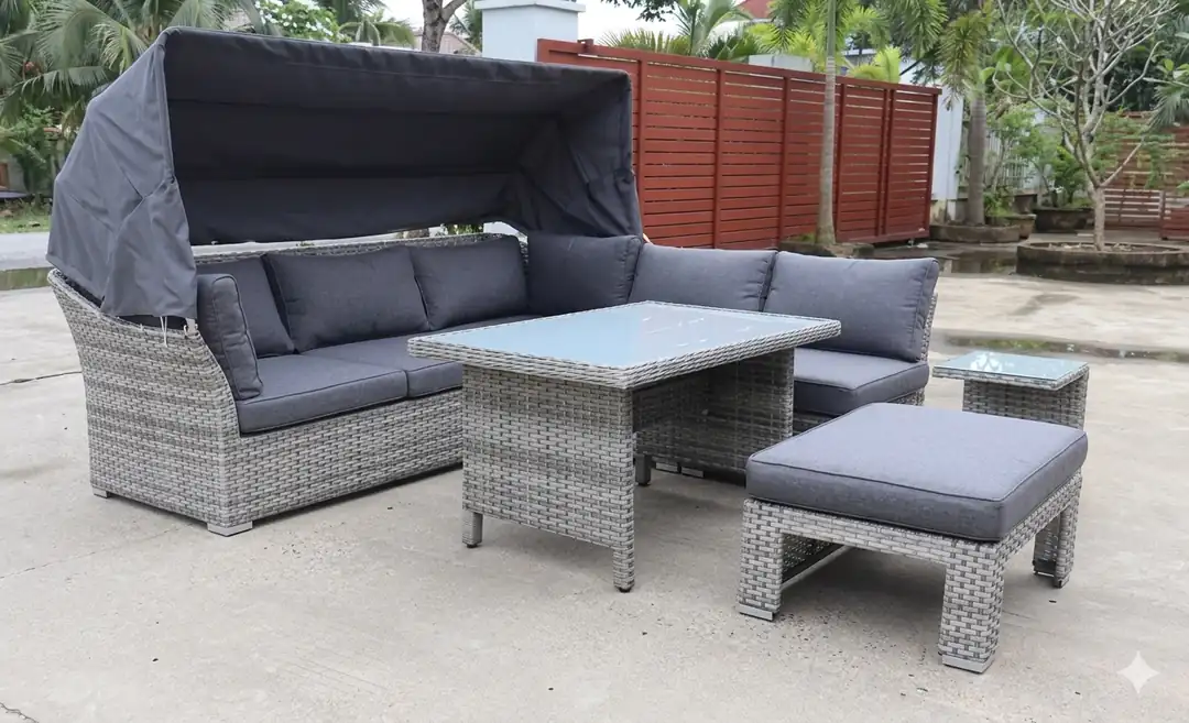 Berm Seating Set Corner Rattan Gray Gray Cushion + Coffee Table