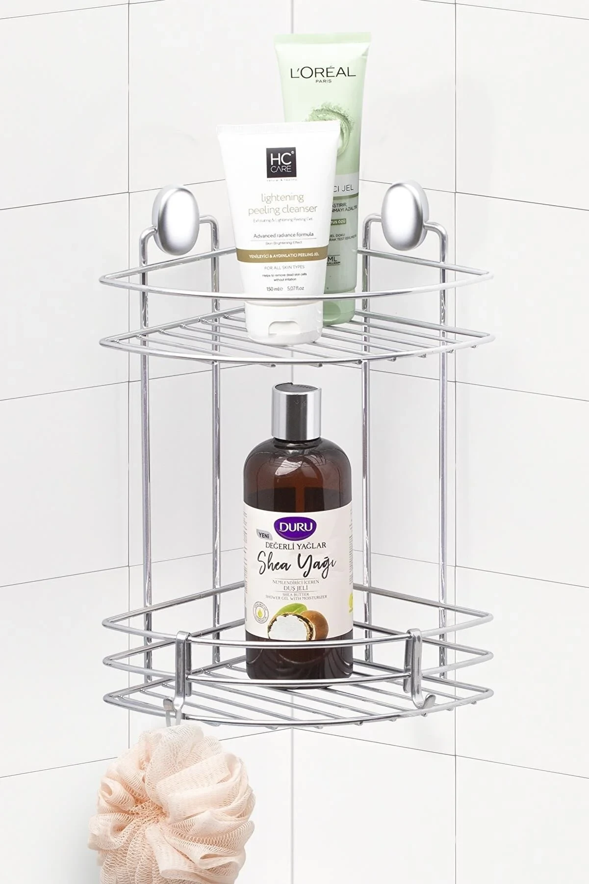 Banyo Köşe Raf Dübelli 2 Katlı  18cm Krom