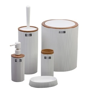Banyo Seti Yuvarlak Çizgili Mina 5li Ahşap Beyaz