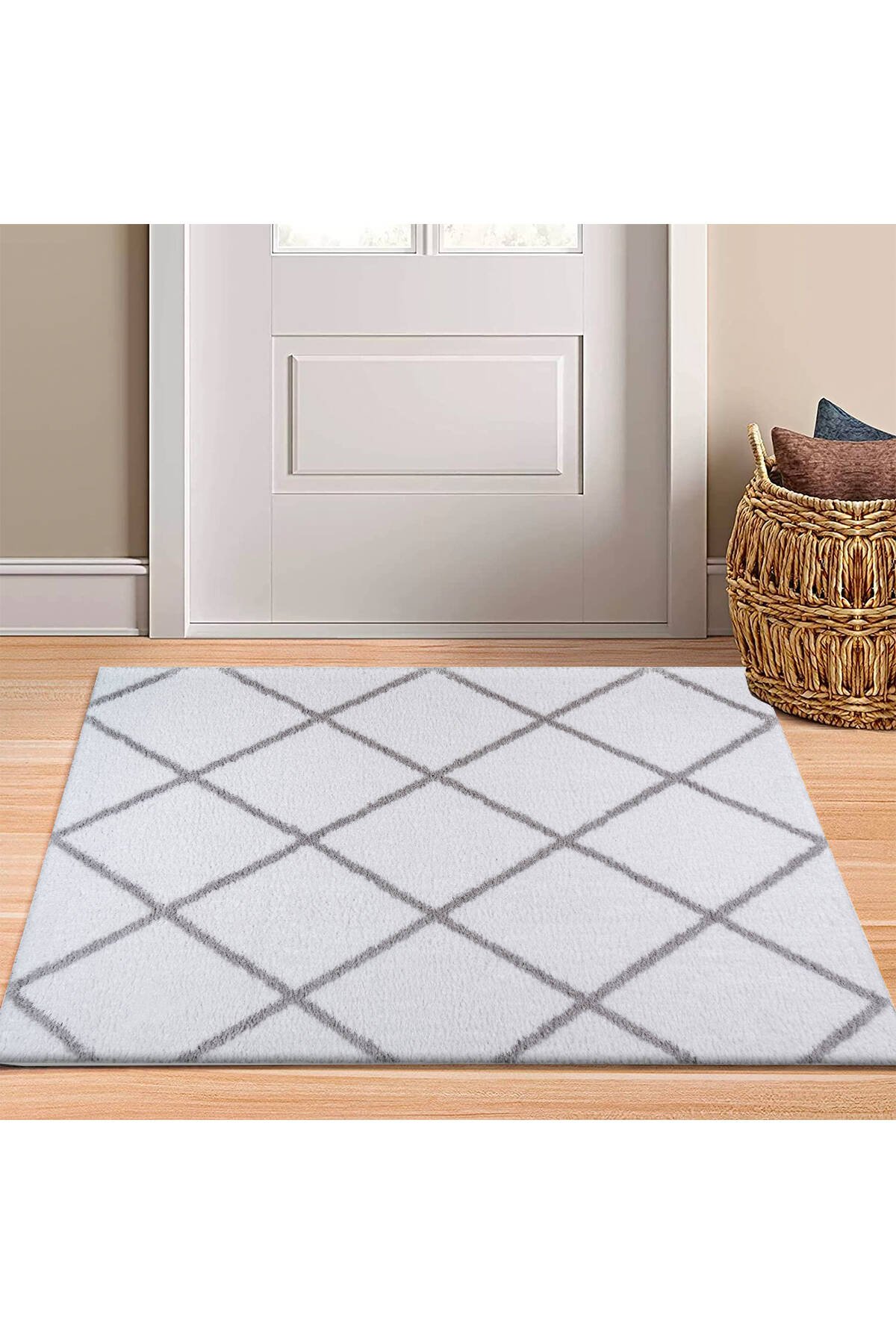 Yumuşak Dokulu Shaggy Paspas Beyaz Desenli 50x80