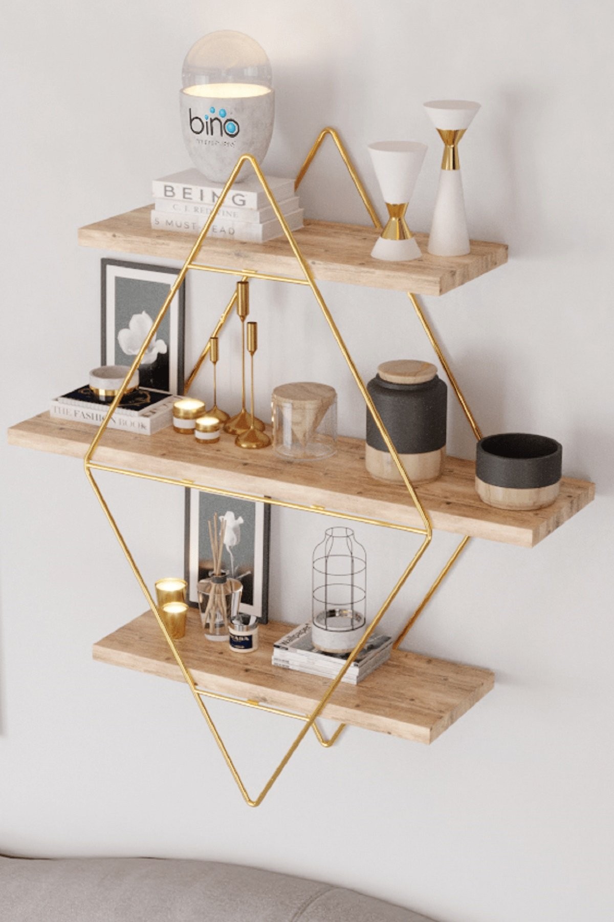 Prizma Raf Salon Tipi Ahşap+ Altın  70x16x60cm