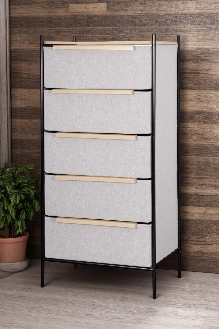Komodin 5 Çekmeceli Tekstil Metal Gri  57x40x118cm