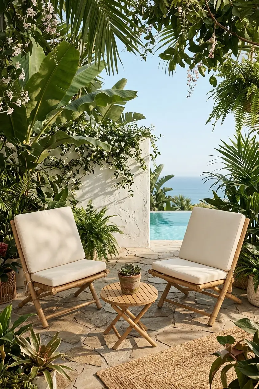 Bistro Set 2'li Bambu Krem Minderli +Medium Side Table Na