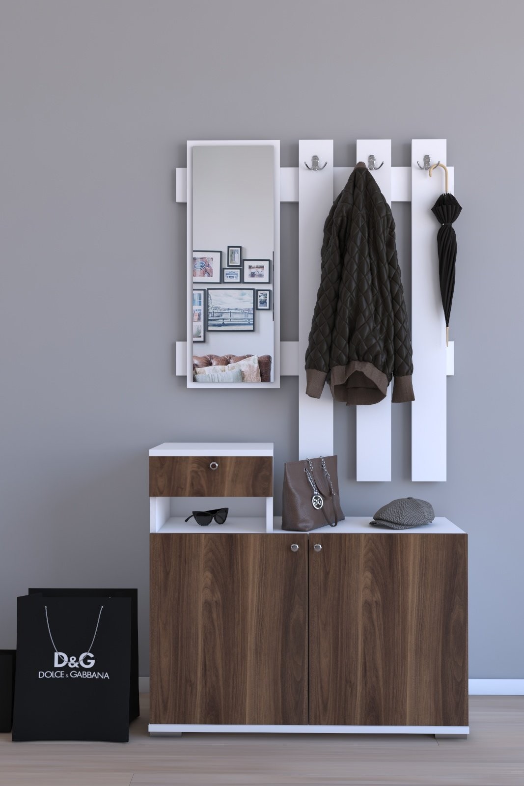 Ahşap Portmanto Takımı Orkide Ceviz 90x33x173cm