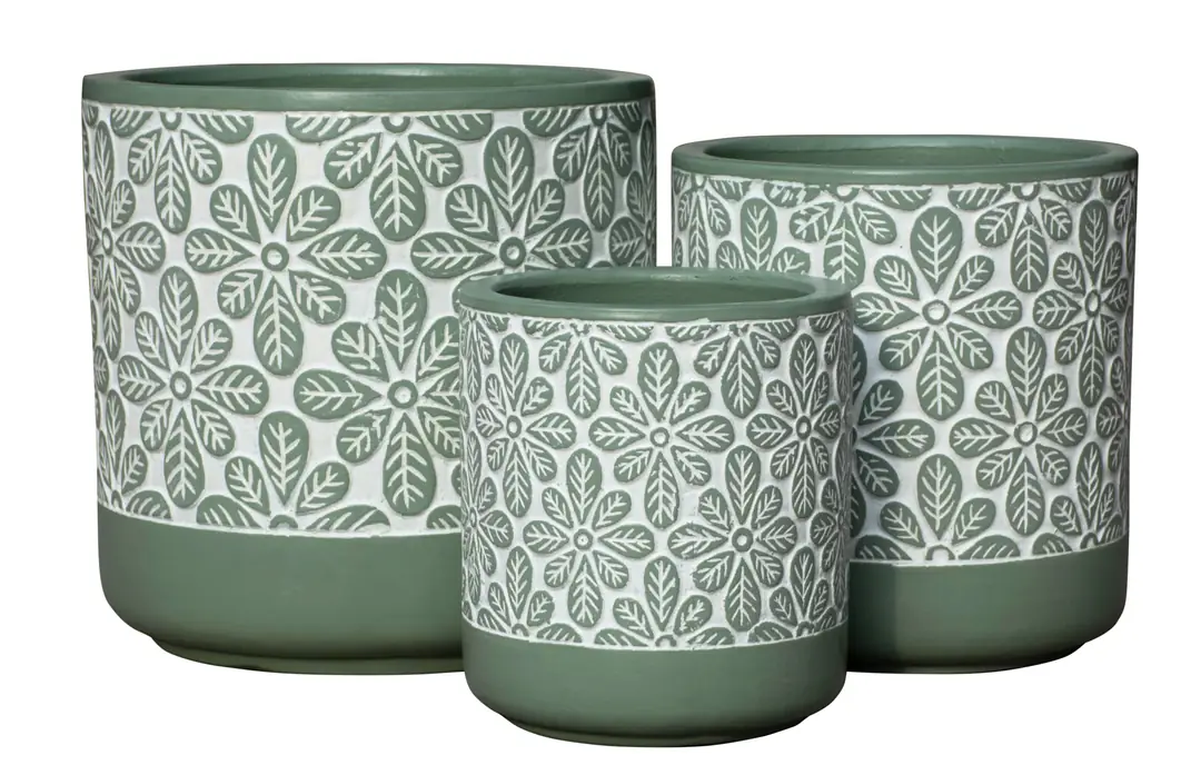 Flower Pot Set of 3 Floral Patterned Mint Green Ø30-24-19cm