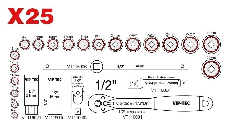 Yıldız Lokma Anahtar Takımı 1/2'' 25 parça(8-32mm)