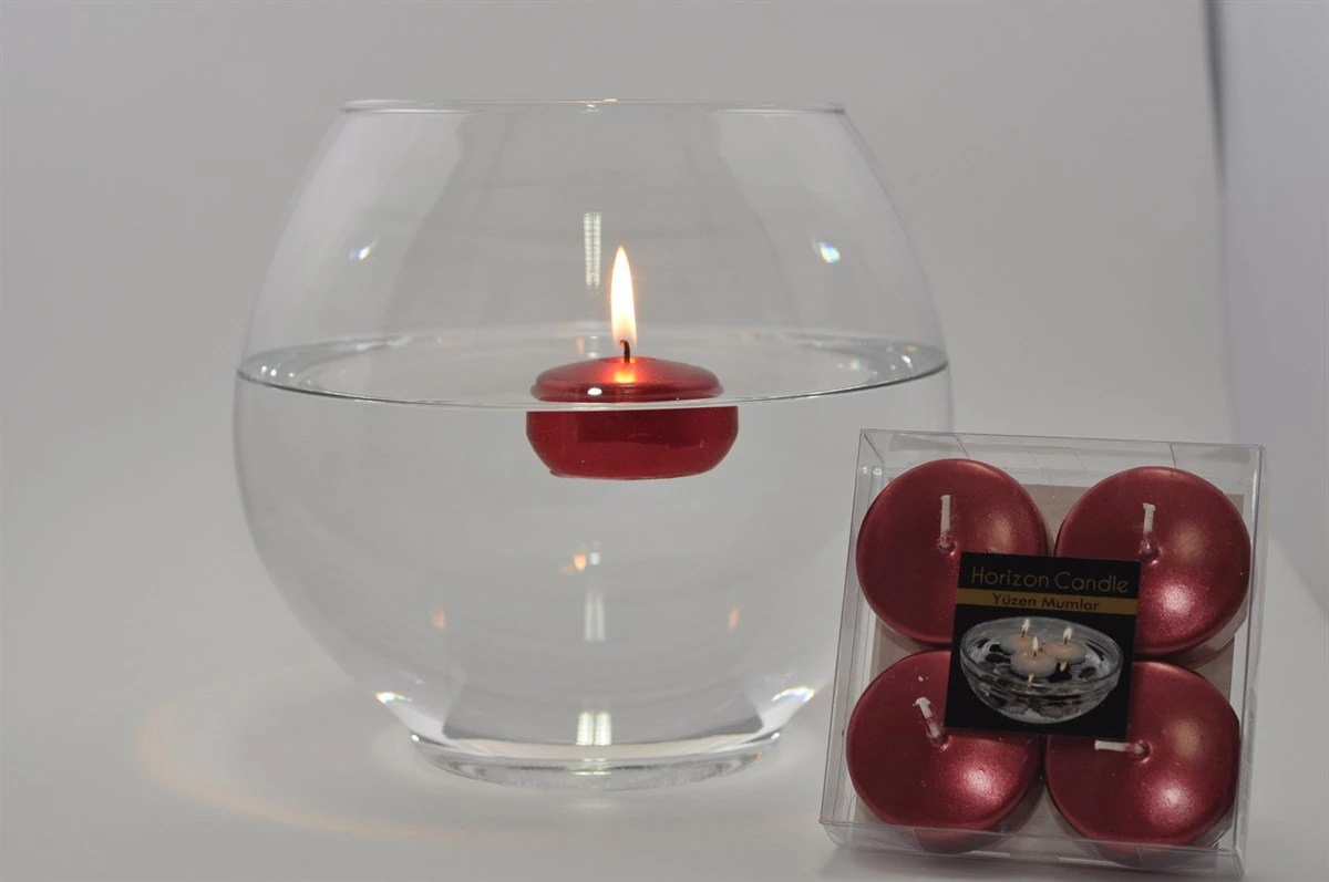 Mum Yüzen Oval  5x3cm 4'lü Varaklı Kırmızı