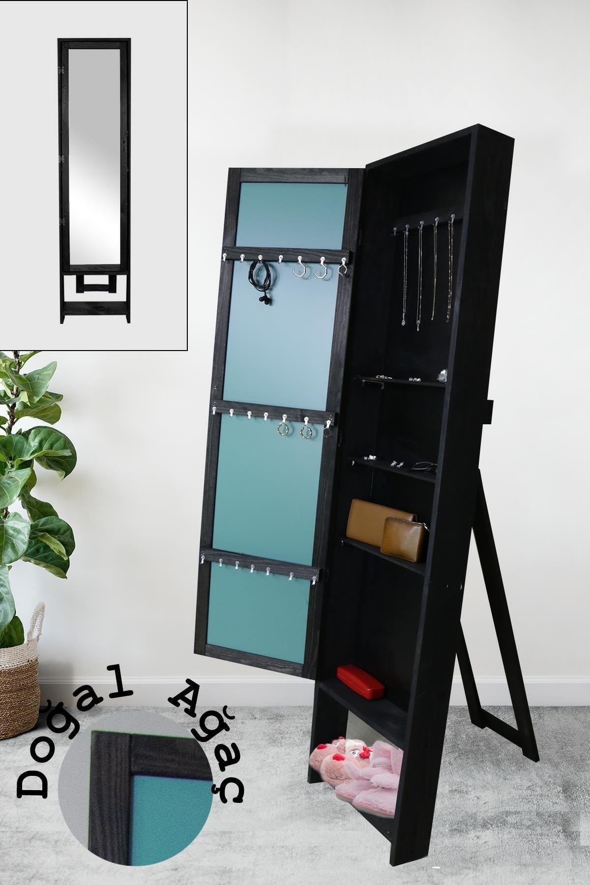 Aynalı Makyaj Dolabı Doğal Ağaç 160x40cm Siyah