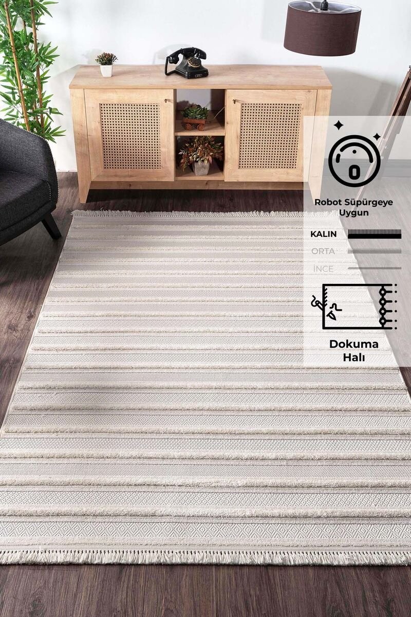 Bukle Halı Çizgili Krem  80x150