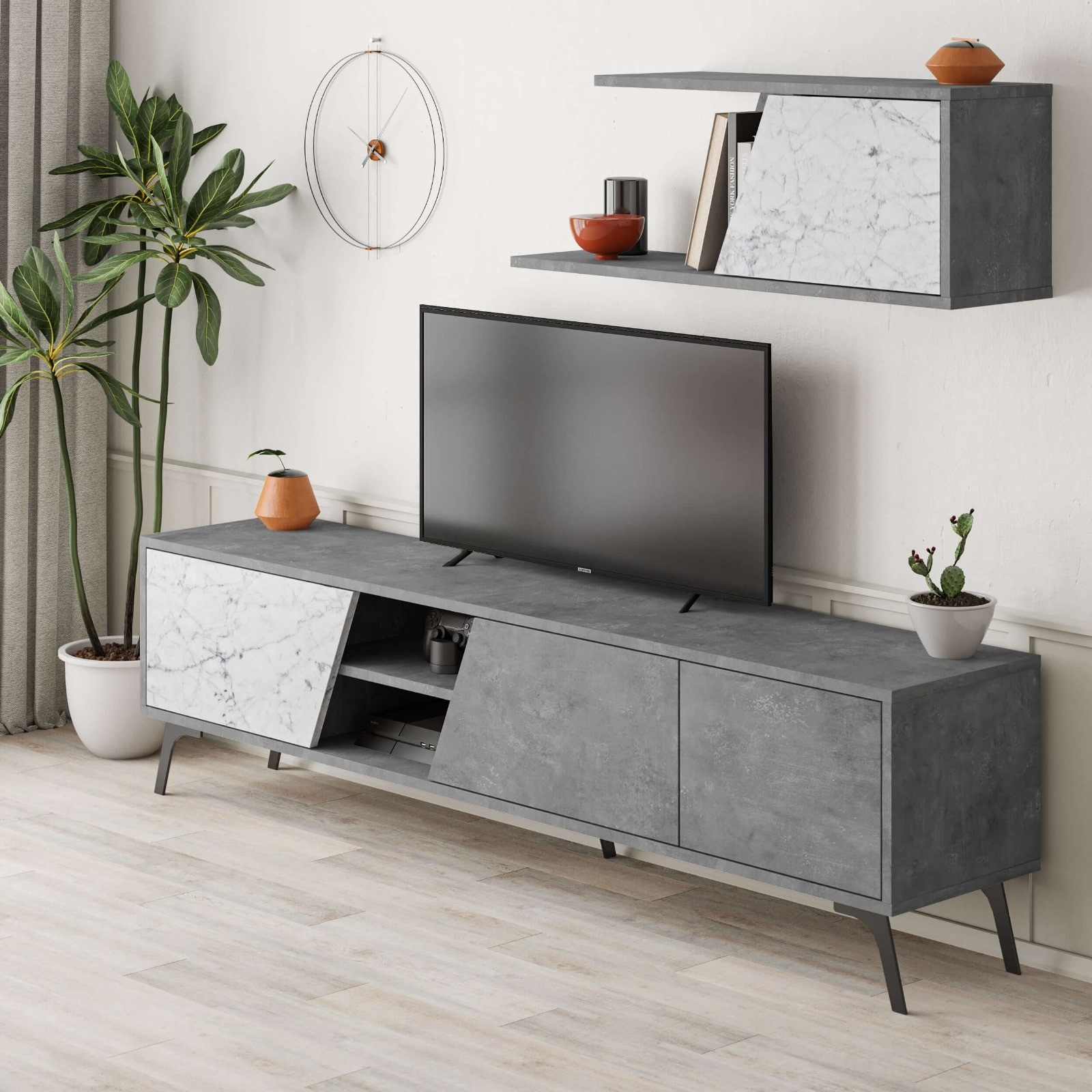 TV Ünitesi Fıona Retro Gri-Carrara 180*35,6*48cm