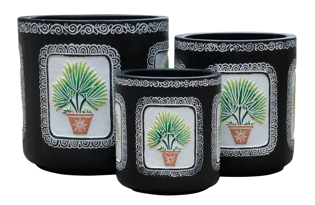 Flower Pot Set of 3 Tree Patterned Black Ø30-24-19cm