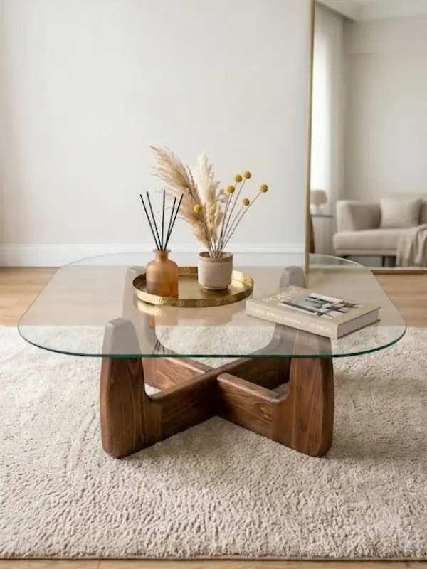 Coffee Table Square Glass Walnut 80x80cm