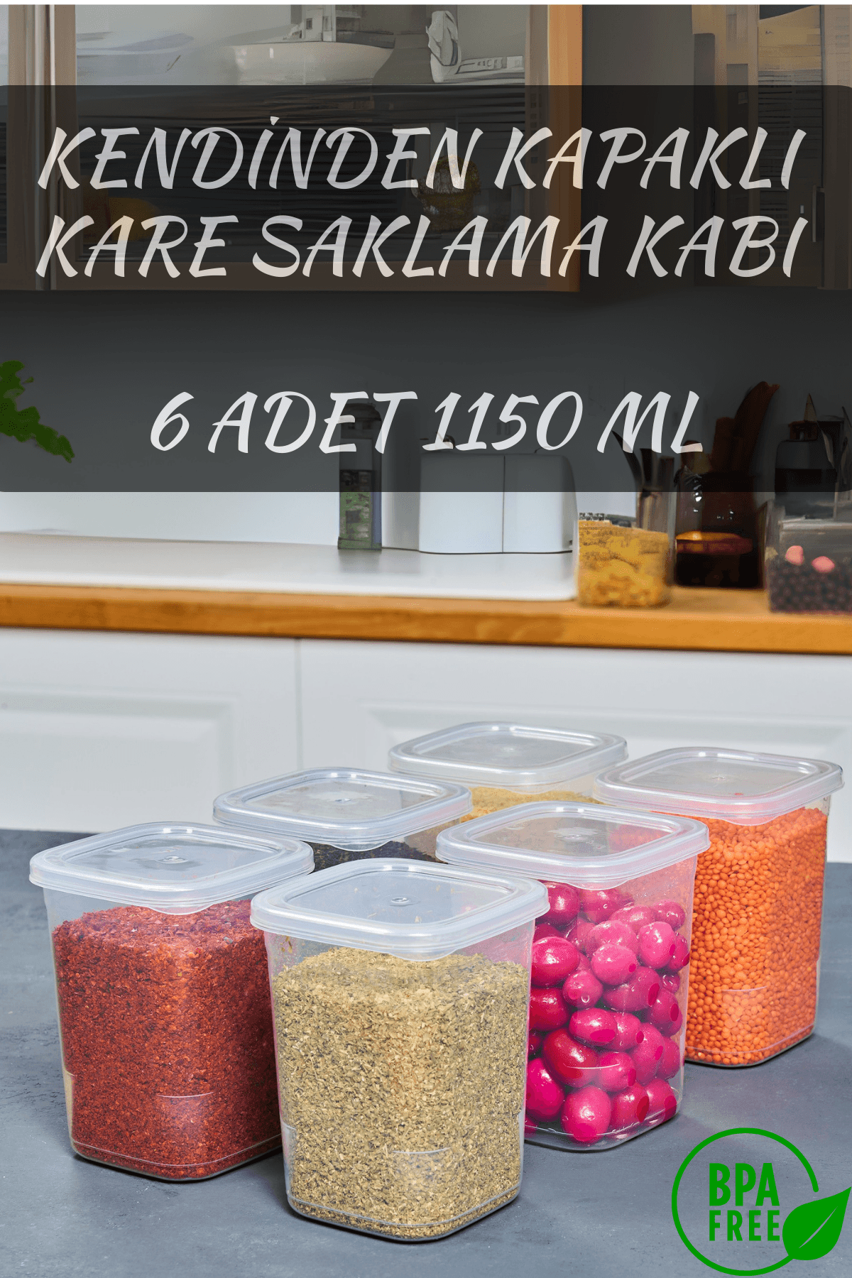 6 Adet Büyük Boy Kare Kendinden Kapaklı Saklama Kabı Erzak, Bakliyat, Baharat, Gıda 1,15 Litre