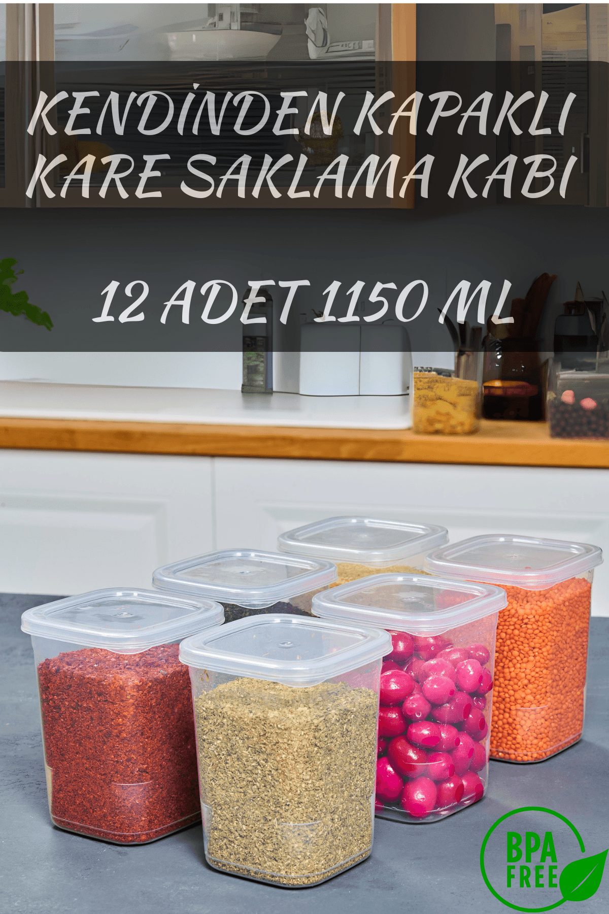 12 Adet Büyük Boy Kare Kendinden Kapaklı Saklama Kabı Erzak, Bakliyat, Baharat, Gıda 1,15 Litre