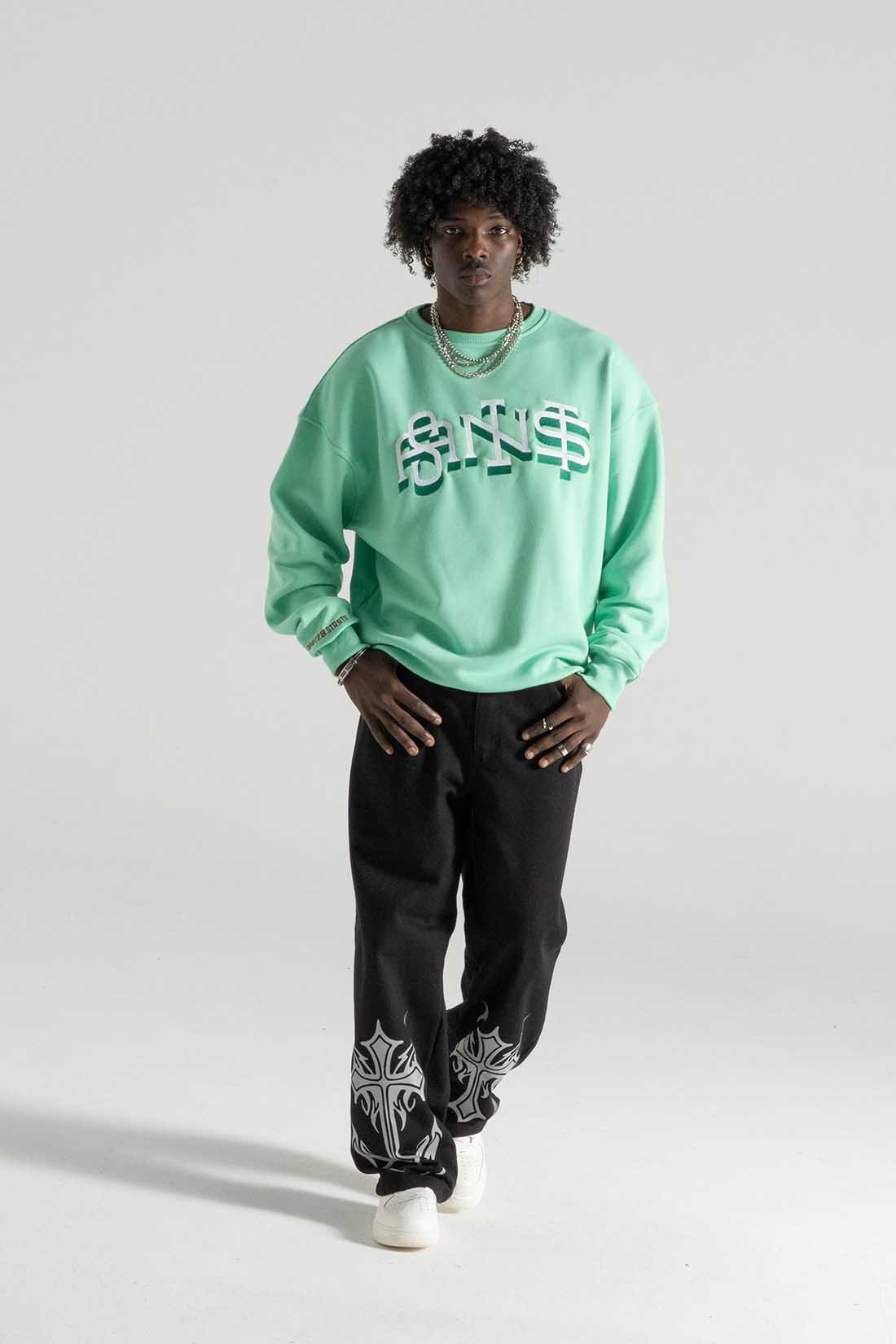 SLANG AÇIK YEŞİL OVERSIZE SWEATSHIRT | Nakış Street Style Erkek (%100 Pamuk)