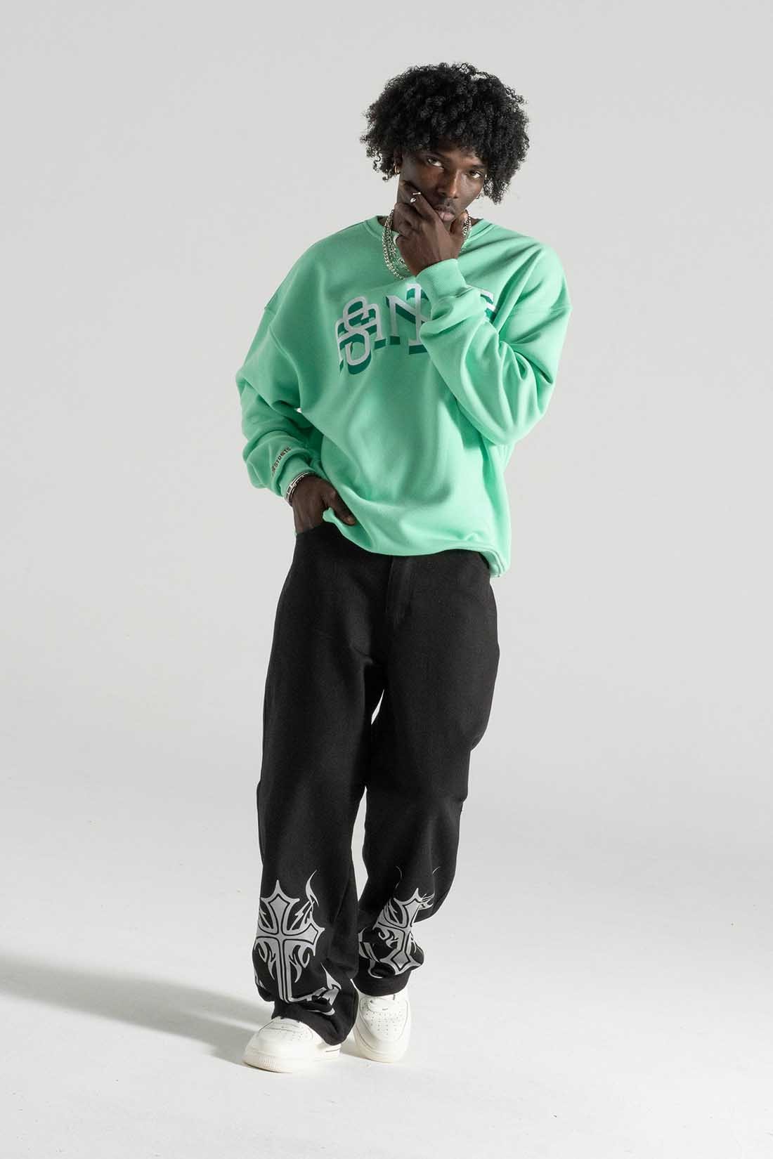 SLANG AÇIK YEŞİL OVERSIZE SWEATSHIRT | Nakış Street Style Erkek (%100 Pamuk)