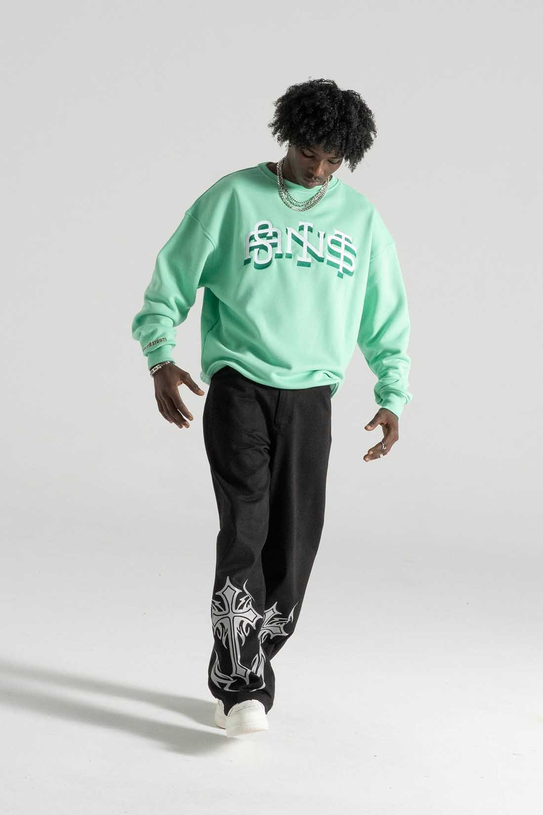 SLANG AÇIK YEŞİL OVERSIZE SWEATSHIRT | Nakış Street Style Erkek (%100 Pamuk)