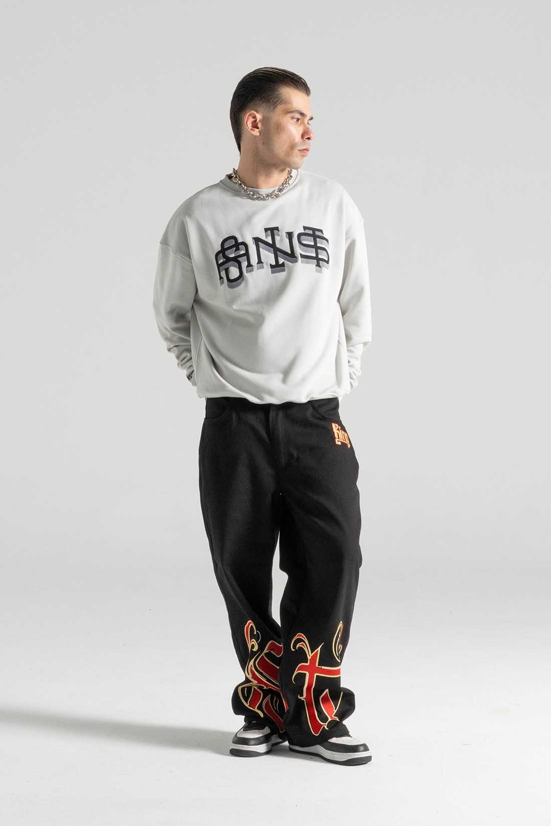 SLANG GRİ OVERSIZE SWEATSHIRT | Nakış Street Style Erkek (%100 Pamuk)