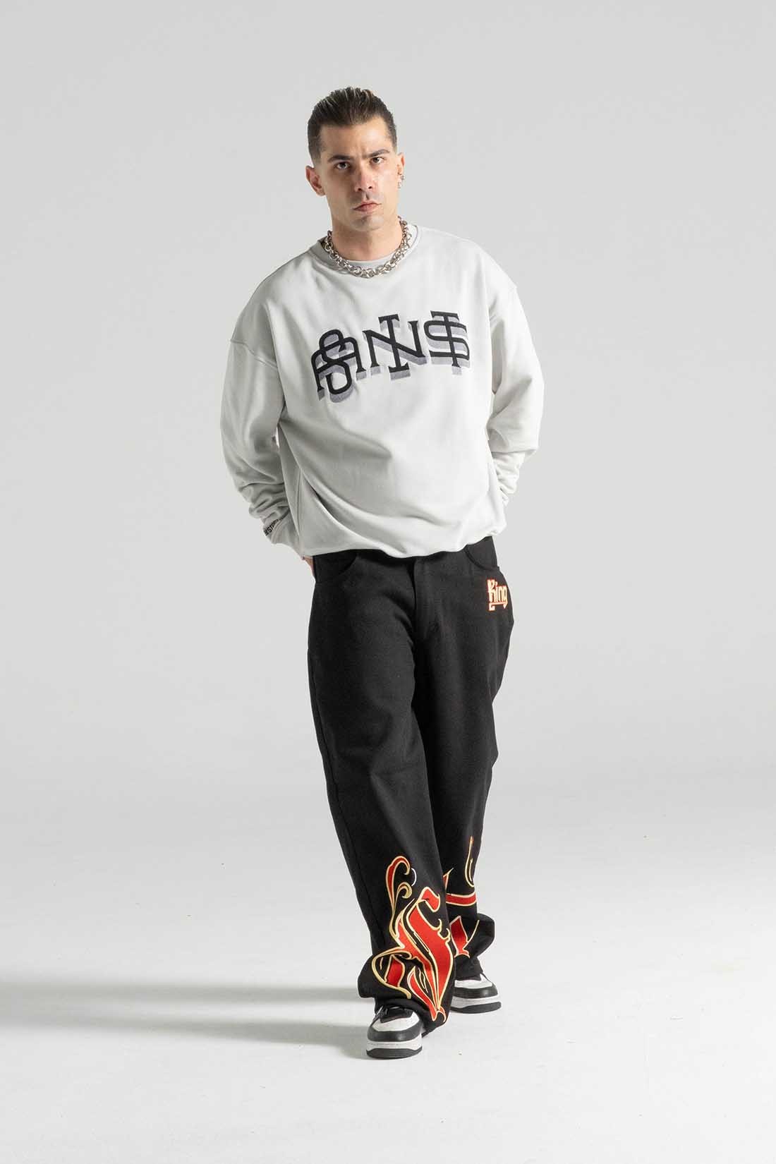 SLANG GRİ OVERSIZE SWEATSHIRT | Nakış Street Style Erkek (%100 Pamuk)