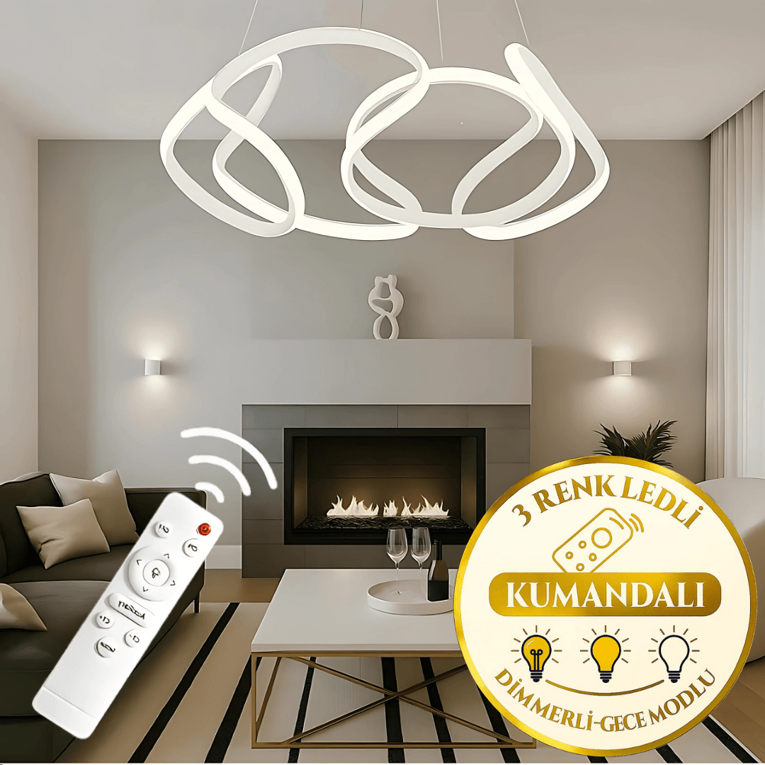 Artemis Beyaz Kumandalı 3 Renk Ledli Dimmerli Plafonyer Modern Ledli Avize