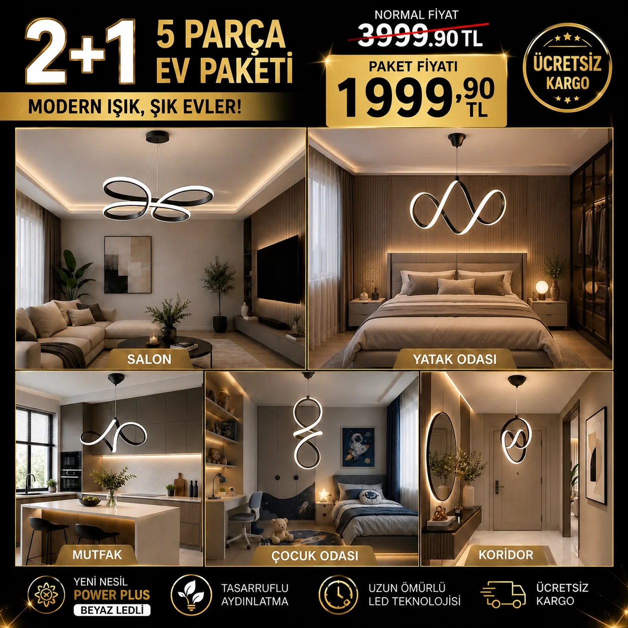 Elegance Avantajlı Ledli Avize Paketi Siyah